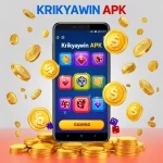 Smartphone screen displaying Krikyawin APK app with gaming icons, coins, and rewards.