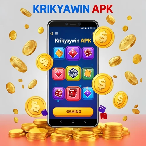 Smartphone screen displaying Krikyawin APK app with gaming icons, coins, and rewards.