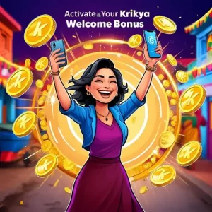 Happy Bangladeshi woman cheering with mobile phone after claiming Krikya welcome bonus, with digital coins and confetti background.