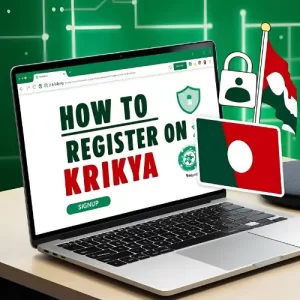 Laptop with Krikya signup and Bangladesh flag, showing how to register on Krikya.