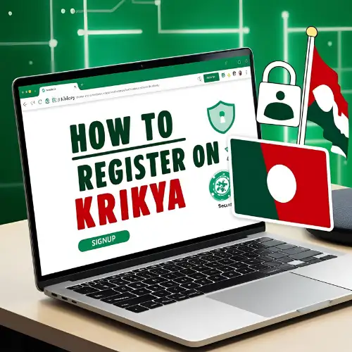 Laptop with Krikya signup and Bangladesh flag, showing how to register on Krikya.