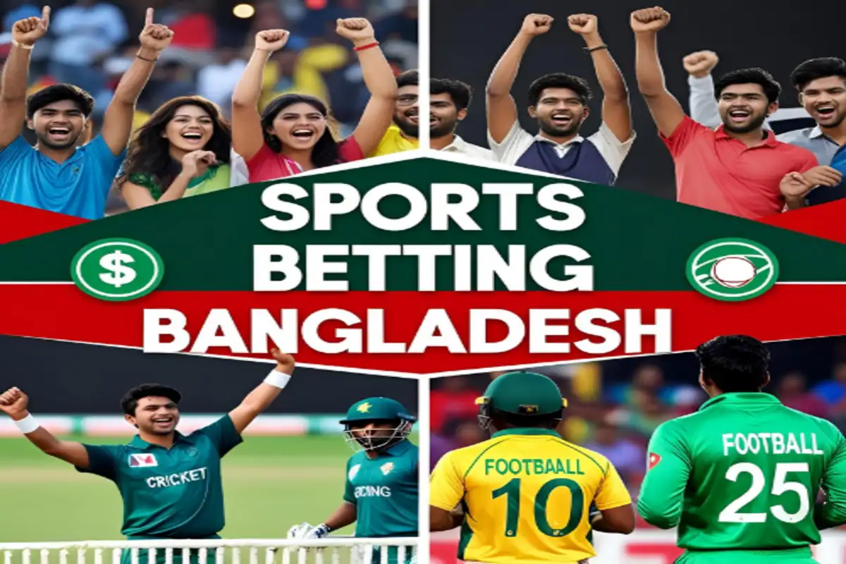 Group of people cheering while watching sports with bold text "Sports Betting Bangladesh"