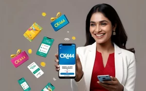 Bangladeshi woman holding phone with CK444 app and floating rewards