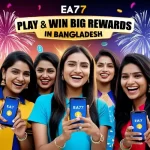 Young players in Bangladesh smiling while using the EA77 app on their phones, surrounded by money icons and vibrant lights, celebrating wins.