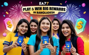 Young players in Bangladesh smiling while using the EA77 app on their phones, surrounded by money icons and vibrant lights, celebrating wins.