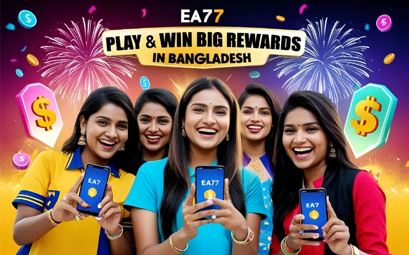 Young players in Bangladesh smiling while using the EA77 app on their phones, surrounded by money icons and vibrant lights, celebrating wins.