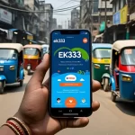 EK333 app open on a phone in the hands of a Bangladeshi user in Dhaka.