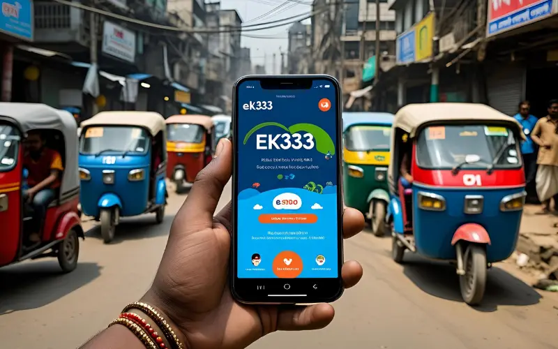 EK333 app open on a phone in the hands of a Bangladeshi user in Dhaka.