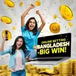 Excited man celebrating a big win on online betting Bangladesh platform with golden coins and festive background.