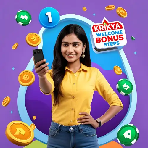 3 Simple Steps to Get Your Krikya Welcome Bonus – Girl’s Guide to Winning! Smiling Bangladeshi girl holding smartphone, pointing at Krikya welcome bonus steps on screen with colorful icons and gaming vibe.