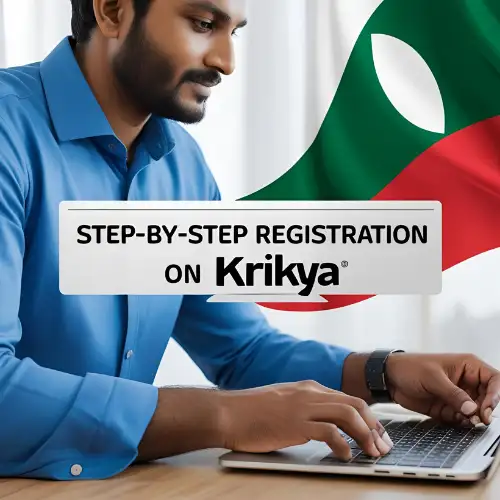 Step-by-Step Registration on Krikya – Bangladesh Guide Person filling out Krikya registration form on laptop with Bangladesh colors.