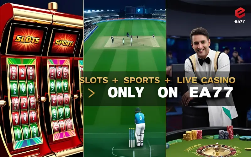 EA77 Game Zone – Slots, Sports, Live Casino Visual collage of slot machines, cricket betting, and live casino games with the EA77 logo and bold text highlighting the variety of games.