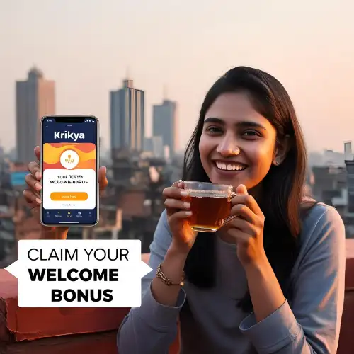 Krikya Welcome Bonus Rooftop Celebration A young Bangladeshi woman on a rooftop in Dhaka, happily showing her phone screen with the Krikya welcome bonus, surrounded by warm sunset light and city views.