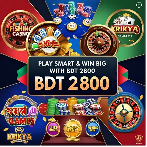 Use Your Krikya BDT 2800 Bonus on Top Casino Games Collage of Krikya casino games including slots, roulette, and fishing games with Bangladesh flag accents.