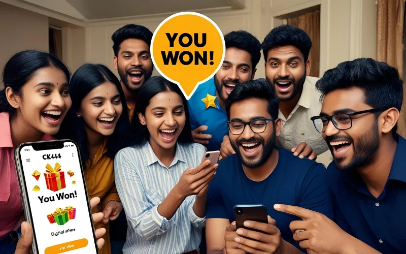 Bangladeshi group celebrating CK444 game win with phone screen showing rewards