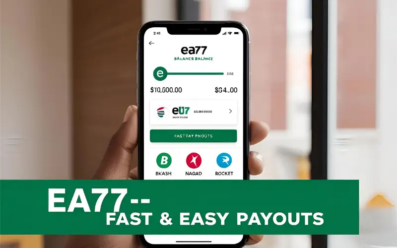 EA77 – Fast Payouts via Bkash & Nagad Phone showing EA77 app with Bkash and Nagad logos, highlighting fast payouts.