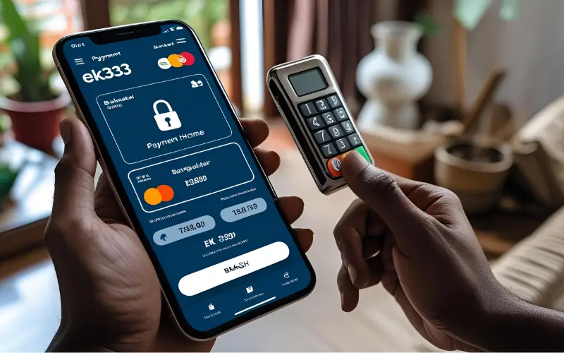 EK333 payment screen with bKash showing secure transaction in Bangladesh.