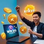 A smiling gamer playing on a laptop with Krikya elements like coins and trophies, showing the excitement of winning on Krikya.