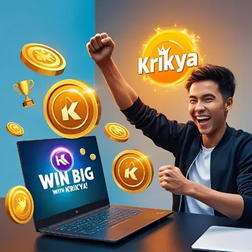A smiling gamer playing on a laptop with Krikya elements like coins and trophies, showing the excitement of winning on Krikya.