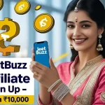 Pretty Bangladeshi girl holding phone with JeetBuzz logo, promoting JeetBuzz Affiliate Sign Up and earnings