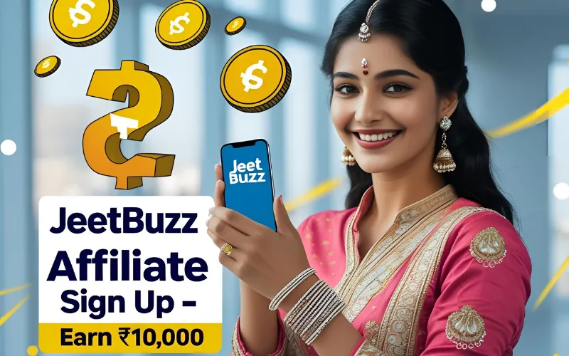 Pretty Bangladeshi girl holding phone with JeetBuzz logo, promoting JeetBuzz Affiliate Sign Up and earnings