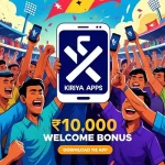 KIRIYA APPS bonus screen with glowing “৳10,000 bonus” text and cricket visuals.