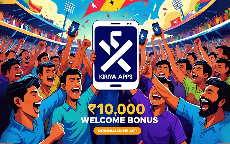KIRIYA APPS bonus screen with glowing “৳10,000 bonus” text and cricket visuals.