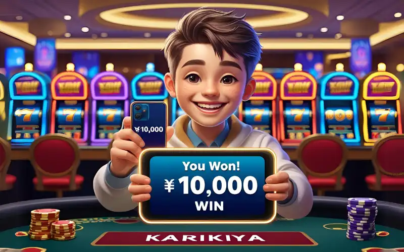 Excited young player holding a phone showing a ৳10,000 win on Karikiya’s slot game, with colorful casino lights in the background.