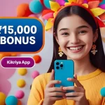 Girl holding phone with Kikriya App bonus screen