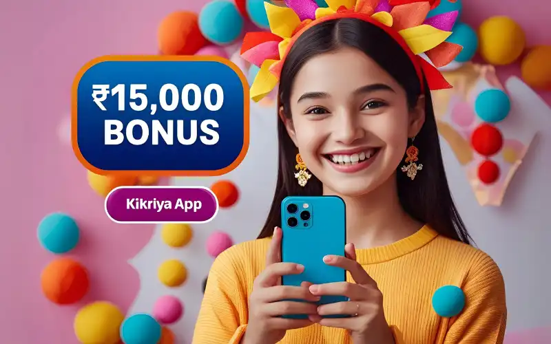 Girl holding phone with Kikriya App bonus screen