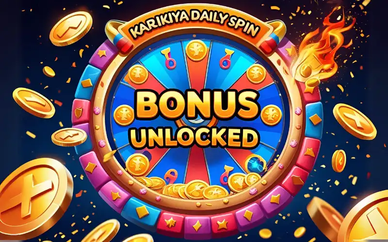 Spinning “Karikiya Daily Bonus” wheel with golden coins flying out, firework effects, and “Bonus Unlocked” glowing in the center.
