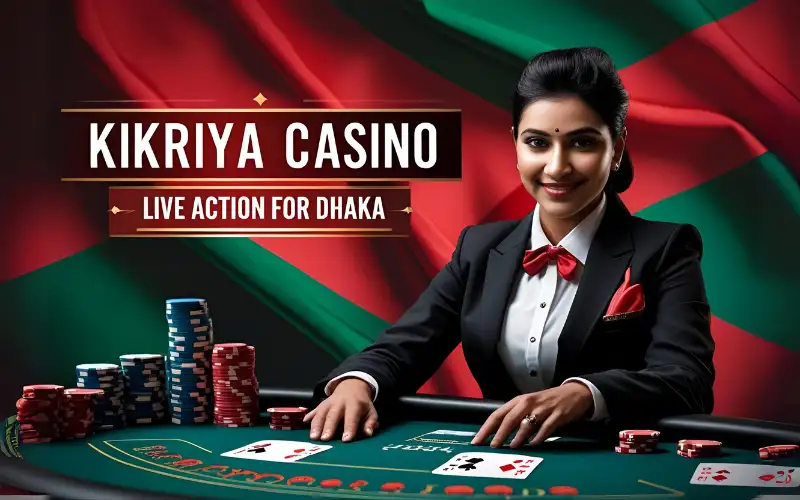 Smiling live dealer at Kikriya Casino table with cards and chips, professional studio atmosphere, Bangladesh flag subtly visible.