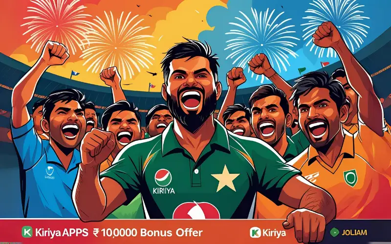 Mobile screen showing live cricket updates and bonuses on KIRIYA APPS.