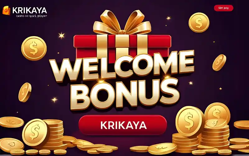 Krikaya welcome bonus visual with coins, gift boxes, and flashing signs