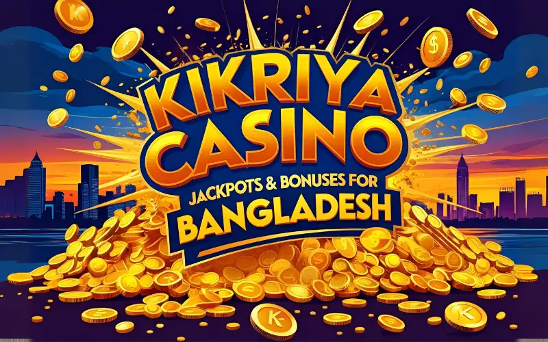 Giant jackpot explosion graphic with golden coins raining down, Dhaka skyline silhouette, bold Kikriya Casino branding.