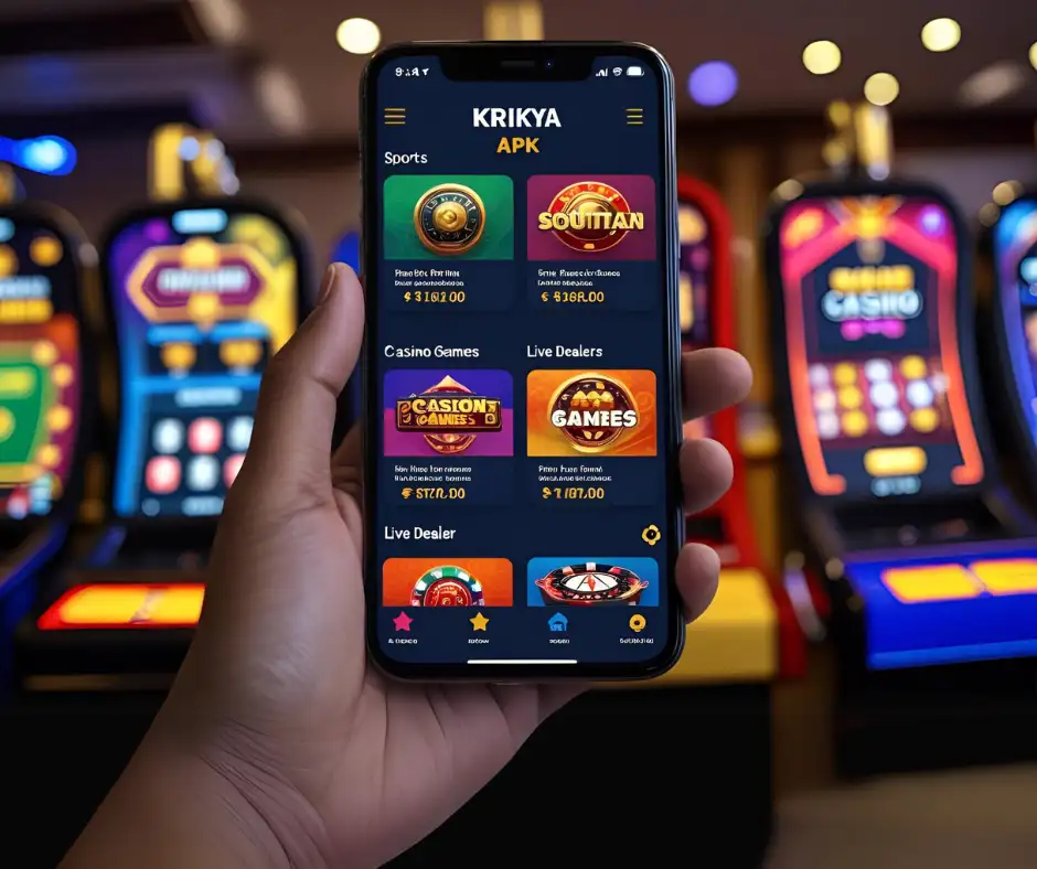 Screenshot-style image showing Krikya App APK download interface with casino and betting game icons