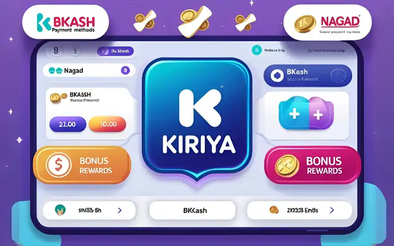 A phone screen showing the Kiriya casino app with bKash payment options.